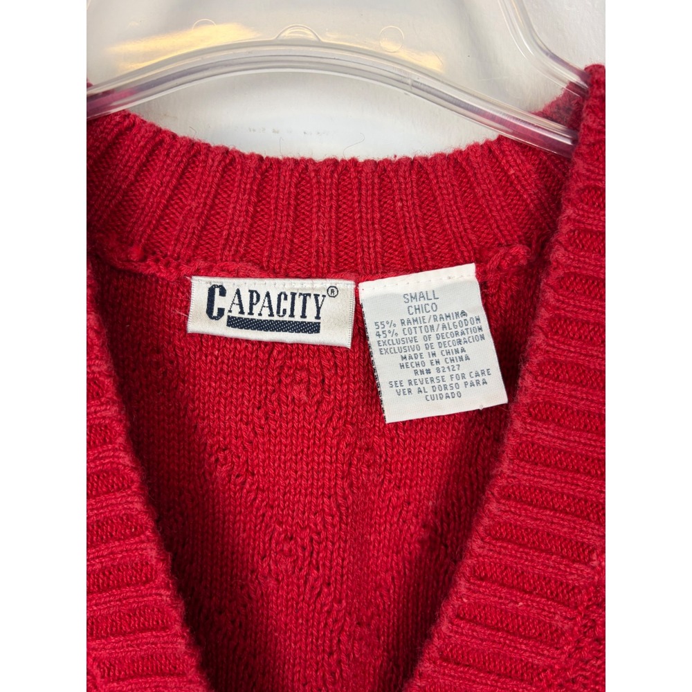 Vintage Capacity Red Cow Print Cardigan Vest Small‎ Ramie Cotton Knit Button Up - Picture 4 of 9
